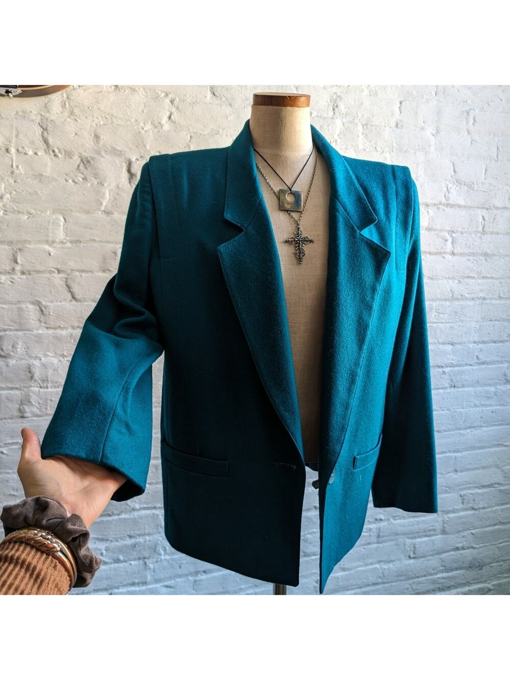 Vintage Green Blue Wool Blazer Classic Preppy Oversize Minimalist Grandpa Jacket
